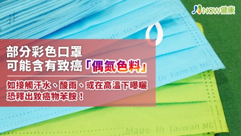 部分彩色口罩可能含有致癌「偶氮色料」如接觸汗水、酸雨、或在高溫下曝曬恐釋出致癌物苯胺！