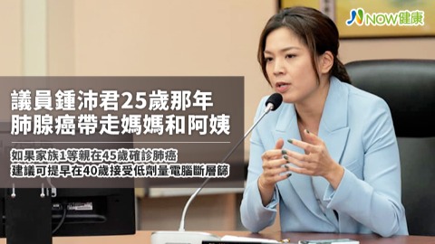 美女議員鍾沛君公開25歲那年肺腺癌接連帶走媽媽和阿姨 如果家族1等親在45歲確診肺癌建議可提早在40歲接受低劑量電腦斷層篩檢