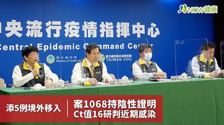 添5例境外移入 案1068持陰性證明Ct值16研判近期感染 添5例境外移入 案1068持陰性證明Ct值16研判近期感染