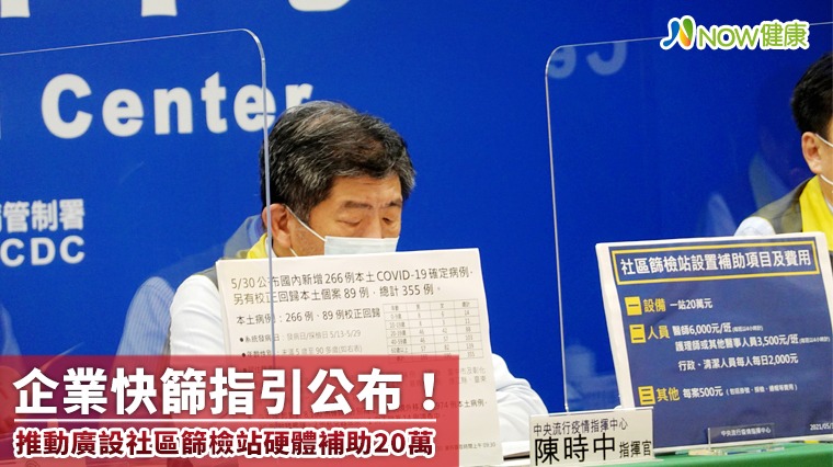 企業快篩指引公布! 推動廣設社區篩檢站硬體補助20萬 企業快篩指引公布! 推動廣設社區篩檢站硬體補助20萬