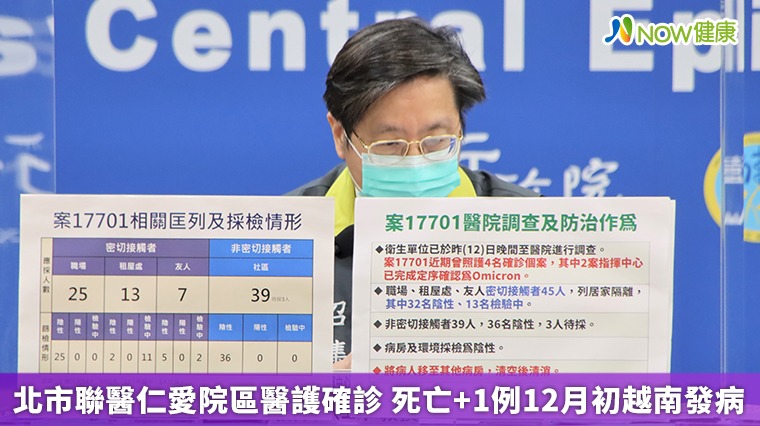 北市聯醫仁愛院區醫護確診 死亡+1例12月初越南發病 北市聯醫仁愛院區醫護確診 死亡+1例12月初越南發病