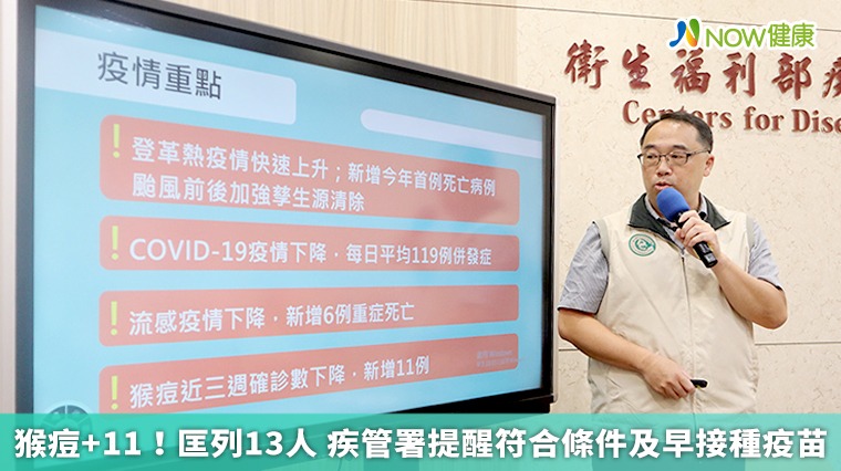 猴痘+11!匡列13人 疾管署提醒符合條件及早接種疫苗 猴痘+11!匡列13人 疾管署提醒符合條件及早接種疫苗